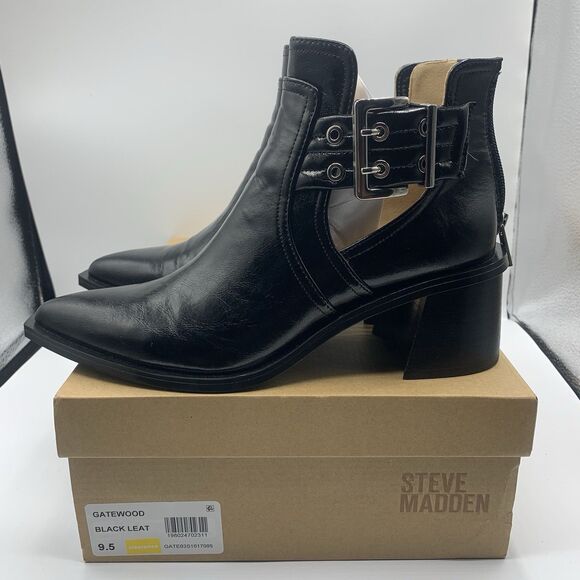 Steve Madden GATEWOOD  Boots In Black Leather Silver Buckles & Zip Women’s 9.5 - Picture 1 of 7
